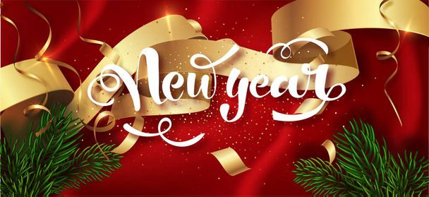Happy New Year winter holiday greeting card design template. Calligraphic New year Lettering Decorated. Party poster, banner for invitation gold glitter stars confetti glitter decoration. Vector. - Vettoriali, immagini