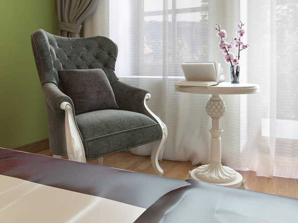 Классическое кресло с белым журнальным столиком, восточный стиль спальни. 3Drendering
 - Фото, изображение