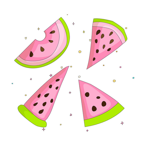 Sweet a slice of watermelon set with green skin on white background cartoon icon. Fun set cartoon a piece of watermelon icon. Fresh sweet set of watermelons cartoon icon. - Вектор, зображення