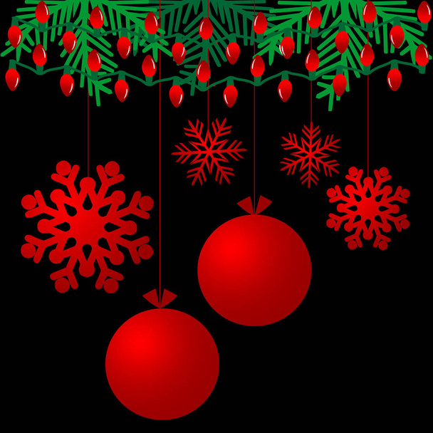 Fond noir avec des décorations de Noël rouges. Branches sapin de Noël avec des lumières rouges de vacances. Joyeux Noël et bonne année
. - Vecteur, image