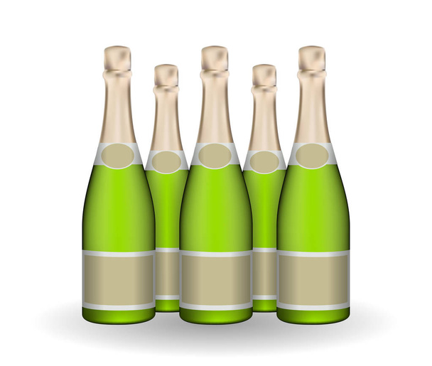 Sada naturalistické zelené láhve šampaňského s popisky. Vektorové ilustrace. Eps10 - Vektor, obrázek