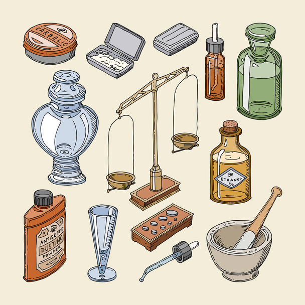 Pharmacy bottles vector vintage medical glass old drug container with chemical liquid medicine and scales illustration pharmaceutical chemistry set isolated on background - Wektor, obraz
