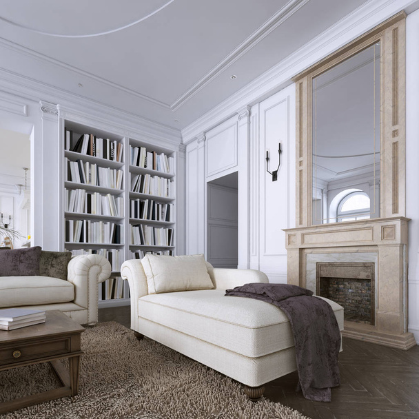 Sedia Chaise in salotto classico con libreria. rendering 3d
 - Foto, immagini