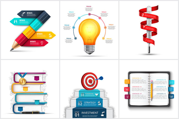 Infographic set with realistic pencil, books, lightbulb, stairs, termometer and other elements. Template for education, startup, medical and business presentation. - Vector, Image
