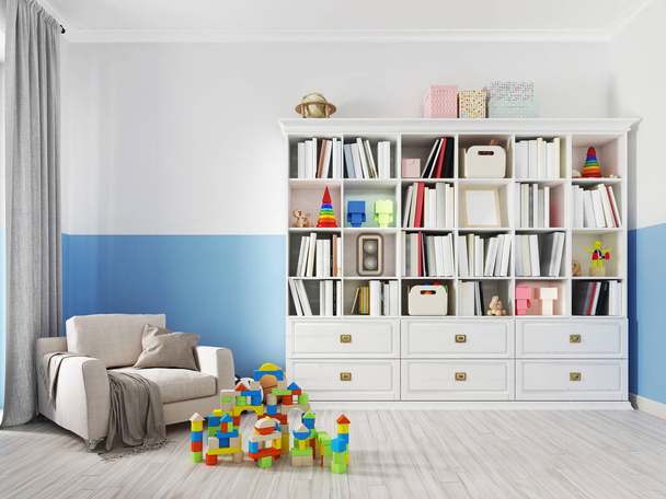 Színes gyerek szoba belső könyvespolc, ágy, párna, polcok és fehér fotel egy pokróccal. 3D-leképezés - Fotó, kép