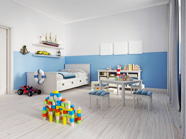 Gezellige moderne Kinder kamer decor met witte meubels, vloer en kleurrijke toevoegingen en speelgoed. 3D-rendering - Foto, afbeelding