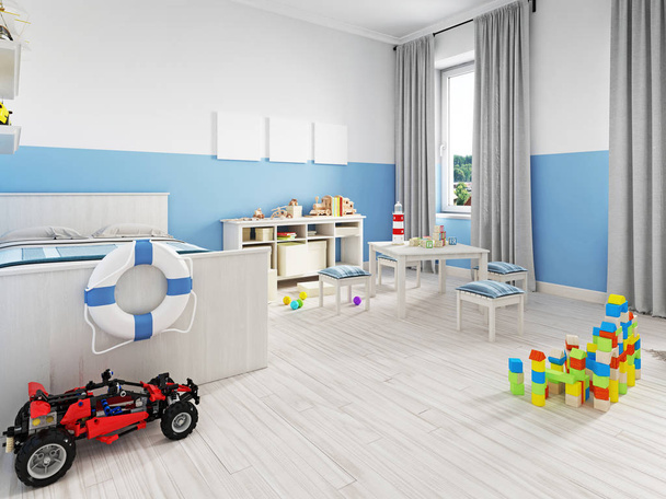 Kodikas moderni lastenhuoneen sisustus valkoisilla huonekaluilla, lattialla ja värikkäillä lisäyksillä ja leluilla. 3d-renderointi
 - Valokuva, kuva