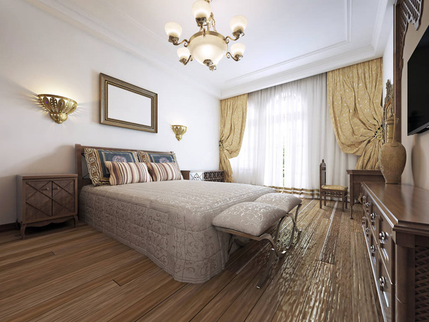 Das große Bett im Schlafzimmer ist im arabischen Stil mit gemusterten Kissen und Tagesdecken eingerichtet. das Bild über dem Kopfteil. 3D-Darstellung - Foto, Bild
