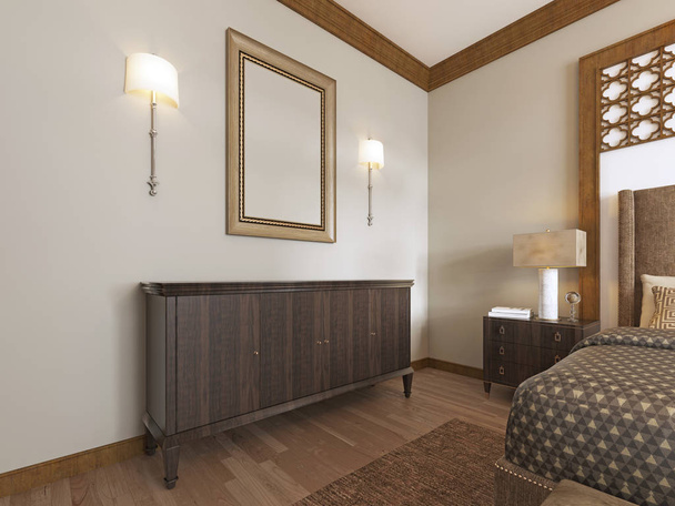 Wooden chest of drawers with a picture above and sconces on the wall. 3D render - Photo, Image