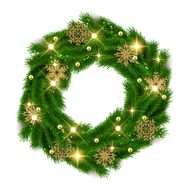 Merry Christmas fir tree decorative wreath, glitter snowflakes, balls and lights. - Vector, Image