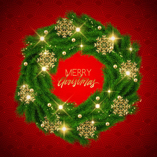 Feliz Navidad árbol de abeto corona decorativa, copos de nieve brillo, bolas y luces
. - Vector, Imagen