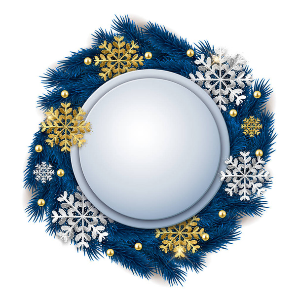 Blank round Christmas ornate banner with snowflakes, glitter gold and silver snowflakes. - Vetor, Imagem