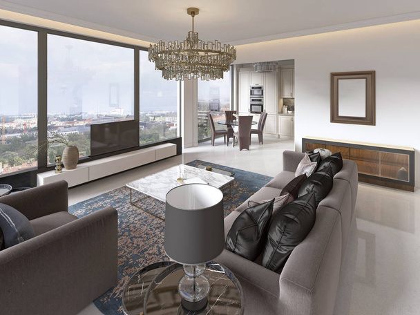 Obývací pokoj s velkými okny a krásným výhledem na město. 3D vykreslování - Fotografie, Obrázek