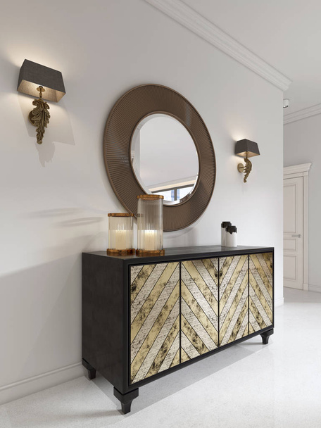 Luxurious art deco style dresser with gilded facade and patina. Round mirror over the chest and sconce. 3D rendering. - Photo, Image