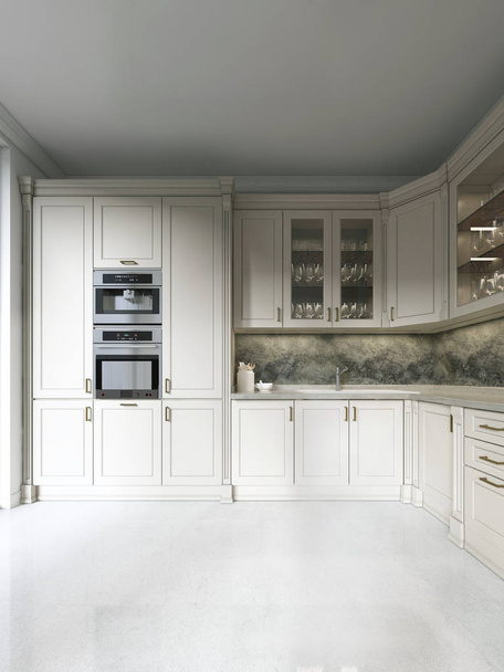 Moderne art deco keuken met klassieke elementen. Glazen gevel en ingebouwde apparaten. Interieur in beige kleuren. 3D-rendering. - Foto, afbeelding