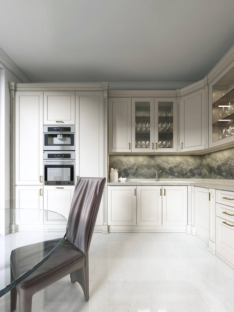 Moderne art deco keuken met klassieke elementen. Glazen gevel en ingebouwde apparaten. Interieur in beige kleuren. 3D-rendering. - Foto, afbeelding