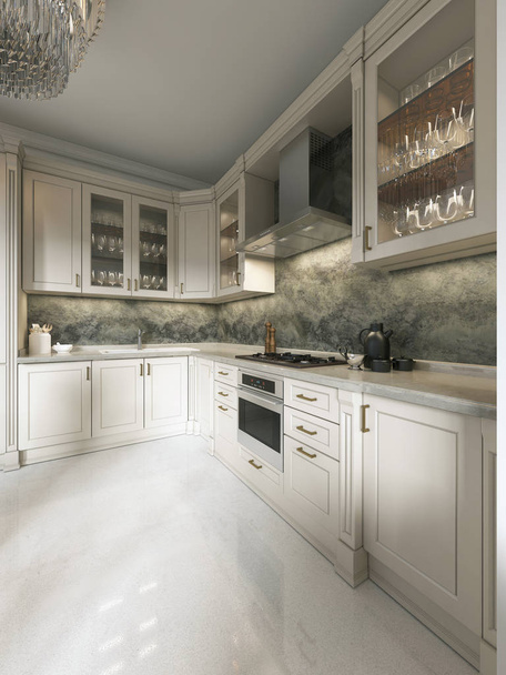 Moderne keuken met elementen van een klassieker met een eettafel glas kroonluchter. Interieur in beige kleuren. 3D-rendering. - Foto, afbeelding