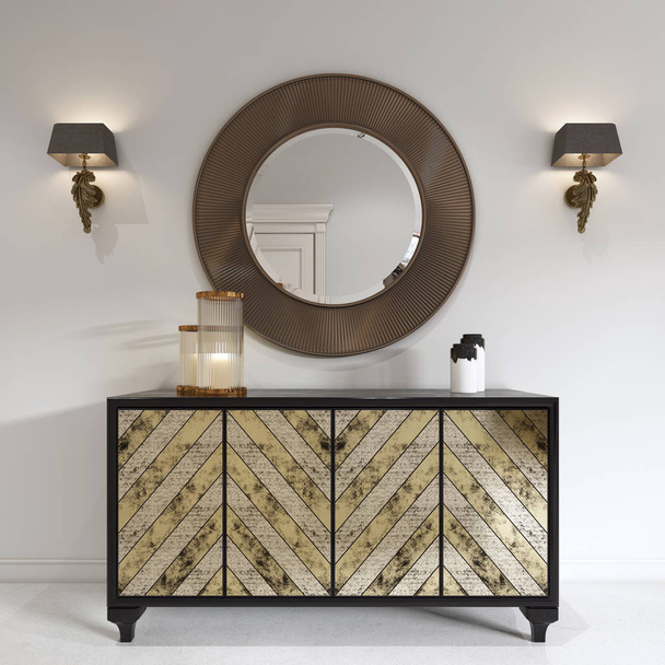 Luxurious art deco style dresser with gilded facade and patina. Round mirror over the chest and sconce. 3D rendering. - Photo, Image