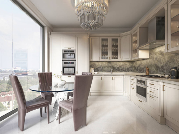 Luxusní moderní kuchyně s jídelní stůl a velké plnohodnotné okno a krásný výhled na město. 3D vykreslování. - Fotografie, Obrázek