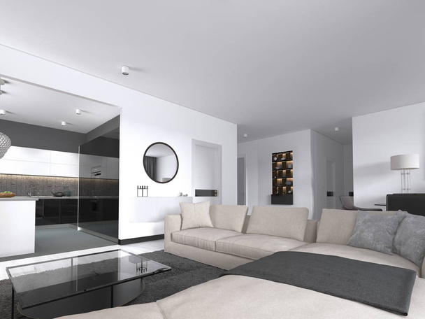 Просторная квартира-студия с белыми стенами, столовой и кухней. 3d-рендеринг
 - Фото, изображение