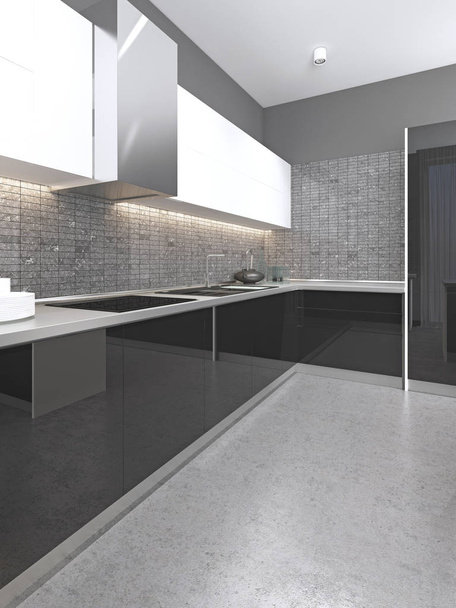 Černá a bílá moderní kuchyně s lesklou fasádou a betonovou podlahou. 3D vykreslování. - Fotografie, Obrázek