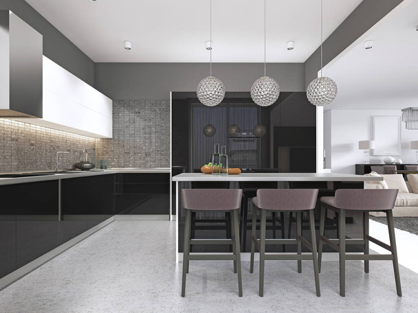 Contemporary kitchen with a black glossy facade with an island and bar stools. 3d rendering - Fotoğraf, Görsel