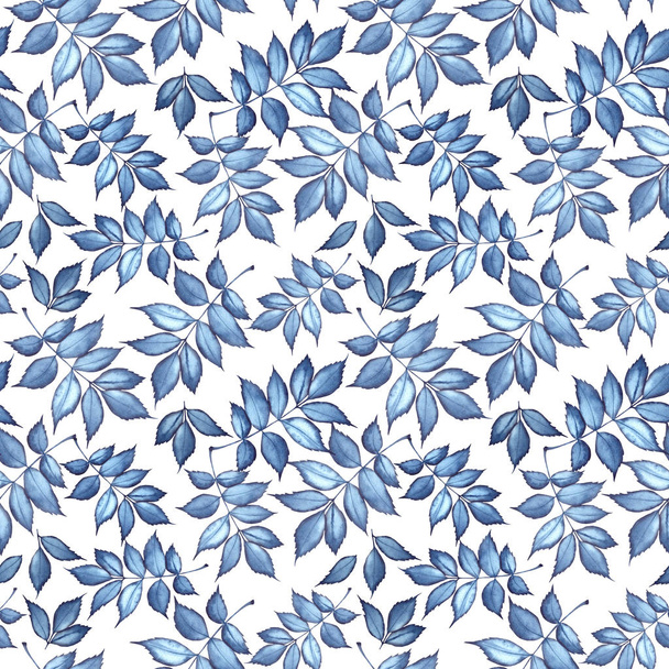Seamless pattern with dark blue leaves. Watercolor illustration on white background. - Foto, afbeelding