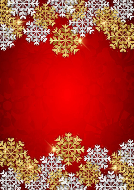 Merry Christmas red decorative background with copy space, glitter snowflakes. - Wektor, obraz