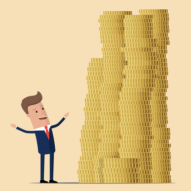 Векторная иллюстрация бизнесмена, гордо стоящего рядом с грудой золотых монет. Векторная иллюстрация. Концепция плоского стиля
 - Вектор,изображение