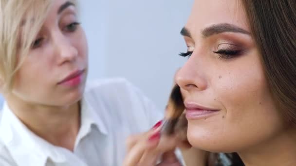 makeup artist applying cosmetics on young woman face closeup - Video