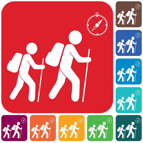 Hiking tourists with compass icon - Vector, Image