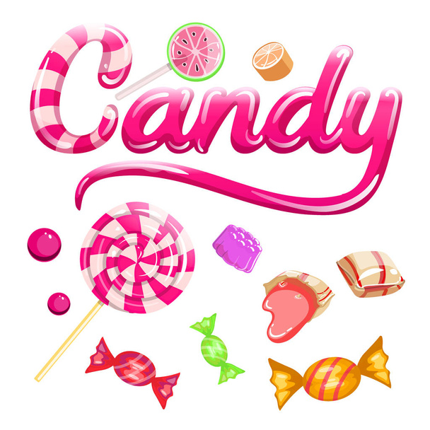 Podpisać zestaw słodycze i kolorowe cukierki, Karmel, Marmolada - Wektor, obraz