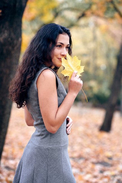 Beautiful woman with yellow leaves posing in autumn city park. - Foto, Bild