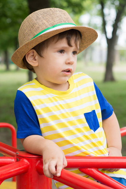 Zomer portret peuter jongen. Jongetje met stro hoed spelen in zomer park.  - Foto, afbeelding