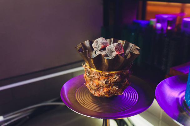 Shisha With Fruit Bowl With Colorful Smoke In Hookah Bar Closeup. - Foto, imagen