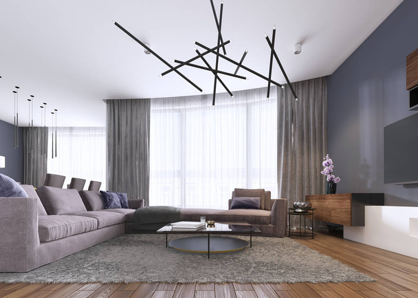 schickes Wohnzimmer mit Einbauschränken, violettem Ecksofa, weichem Sofa mit Blick auf zwei niedrige Tische und Fensterwand. zeitgenössischer Stil. 3D-Darstellung. - Foto, Bild