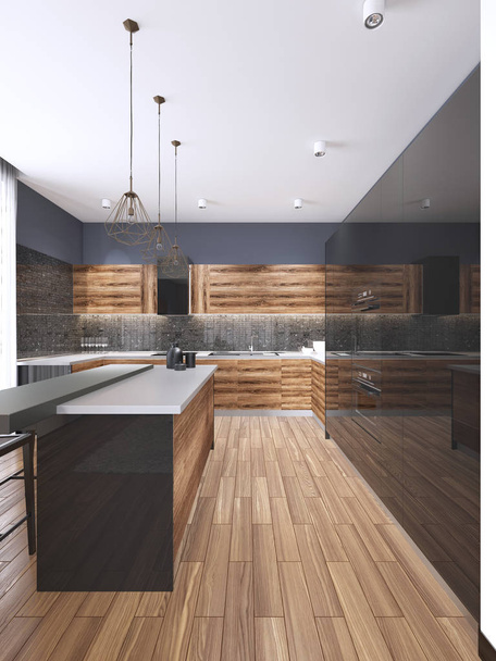 Moderní kuchyně s černým nábytkem a dřevěné podlahy. 3D vykreslování - Fotografie, Obrázek