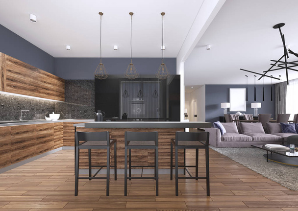 Modern mutfak ahşap ve parlak siyah mutfak dolapları, mutfak ada bar tabureleri, taş mutfak tezgahı, yerleşik aletleri ile. 3D render - Fotoğraf, Görsel