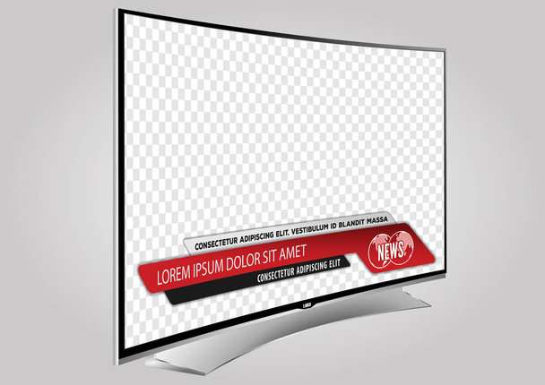 Curved TV screen lcd, plasma with news bars for Video headline title or lower third. Isolated on transparent background. Mock Up Template. - Vector, Image