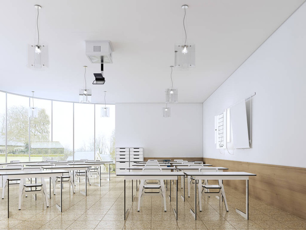 Beyaz renk modern boş okul sınıfta iç. 3D render  - Fotoğraf, Görsel
