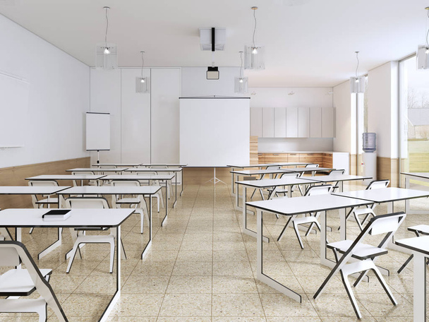 Moderna aula scolastica vuota Interno in colore bianco. rendering 3d
  - Foto, immagini