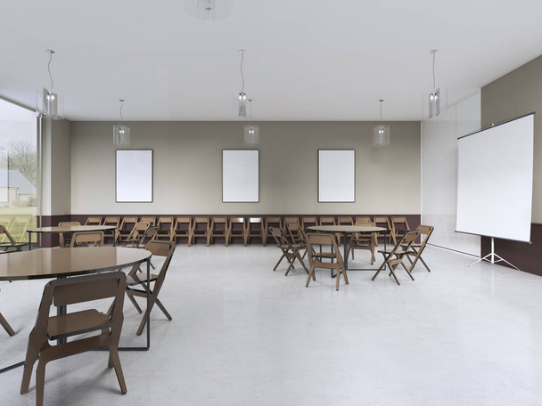 sala de treinamento moderno com móveis castanhos e paredes de oliveira. Renderização 3d
. - Foto, Imagem