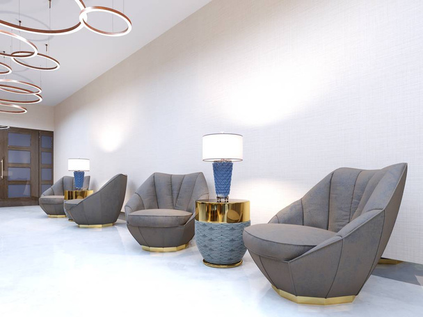 Moderní hotel s recepce a společenská místnost s velkým čalouněným designovými židlemi a velký lustr zlaté prsteny. 3D vykreslování. - Fotografie, Obrázek