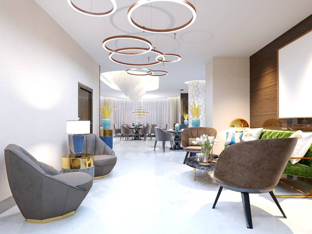 Ένα σύγχρονο ξενοδοχείο με χώρο υποδοχής και σαλόνι με μεγάλο ταπετσαρία σχεδιαστών καρέκλες και έναν μεγάλο πολυέλαιο από χρυσά δαχτυλίδια. 3D rendering. - Φωτογραφία, εικόνα