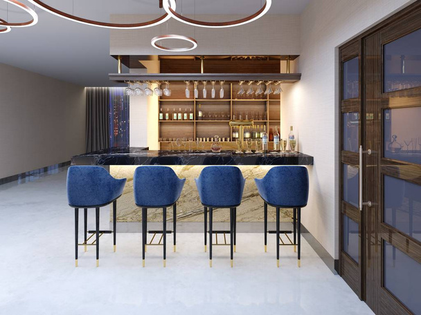 Небольшой бар в зоне бара с зоной для сидения. Мраморный стол с синими барными стульями и полками с алкогольными напитками. 3d-рендеринг
 - Фото, изображение