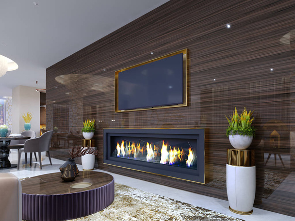 Luxueuse cheminée moderne dans l'hôtel, dans une salle d'attente confortable, mur en bois avec télévision intégrée et cheminée. Avec des stands pour pots de fleurs et le feu brûlant. Unité TV. Rendu 3d
 - Photo, image