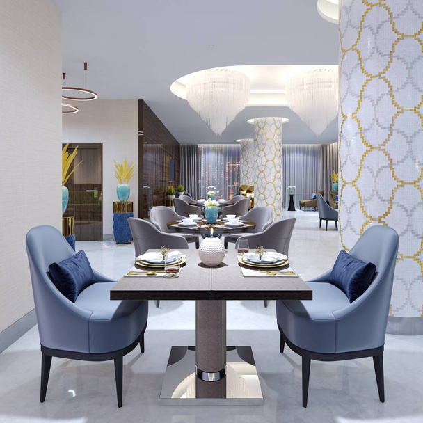 Luxuriöses Hotelrestaurant im modernen Stil mit farbenfrohen Möbeln. 3D-Darstellung. - Foto, Bild