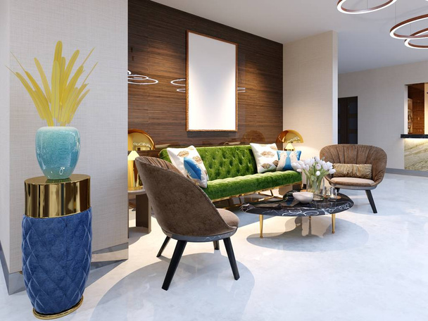 Reception area and lounge area with beautiful colored furniture, a sofa with two armchairs, metal legs and soft upholstery. The painting on the wooden wall, decorative flowerpots and a magazine table. 3d rendering. - Photo, Image