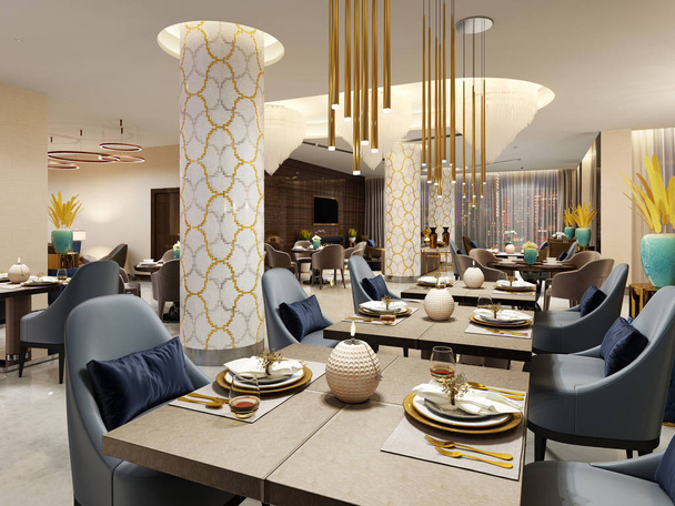Ylellinen hotelli ravintola moderniin tyyliin värikkäitä huonekaluja. 3d-renderointi
. - Valokuva, kuva