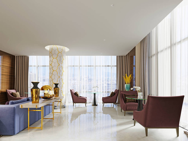 Hotel vestíbulo, espacio de colores claros con una consola dorada con decoración, un sofá y sillones con mesas. renderizado 3d
 - Foto, imagen